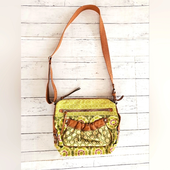 Fossil Handbags - Vintage Fossil Green Canvas & Brown Genuine Leather Crossbody Purse Floral